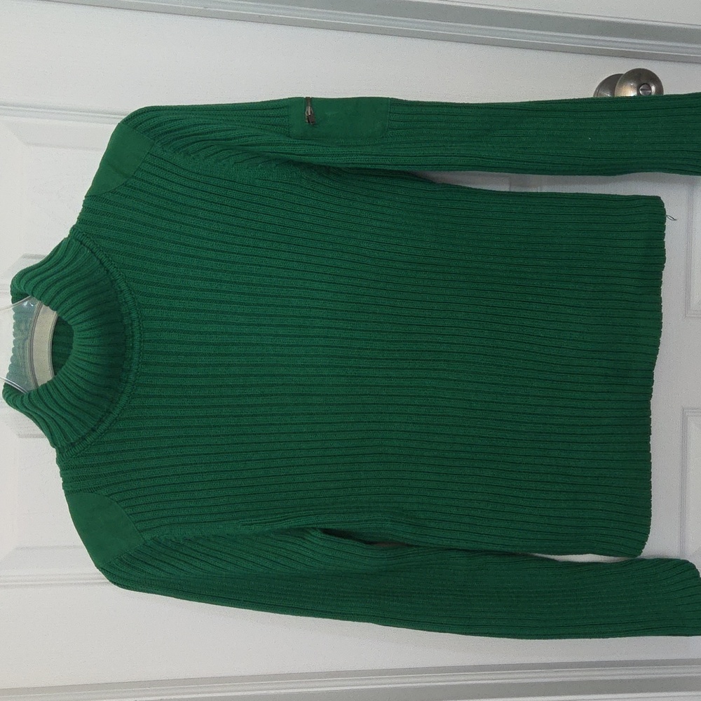 Vtg 90s Ribbed Cotton Knit Turtle Neck Sweater With Zipper And Patch Accents